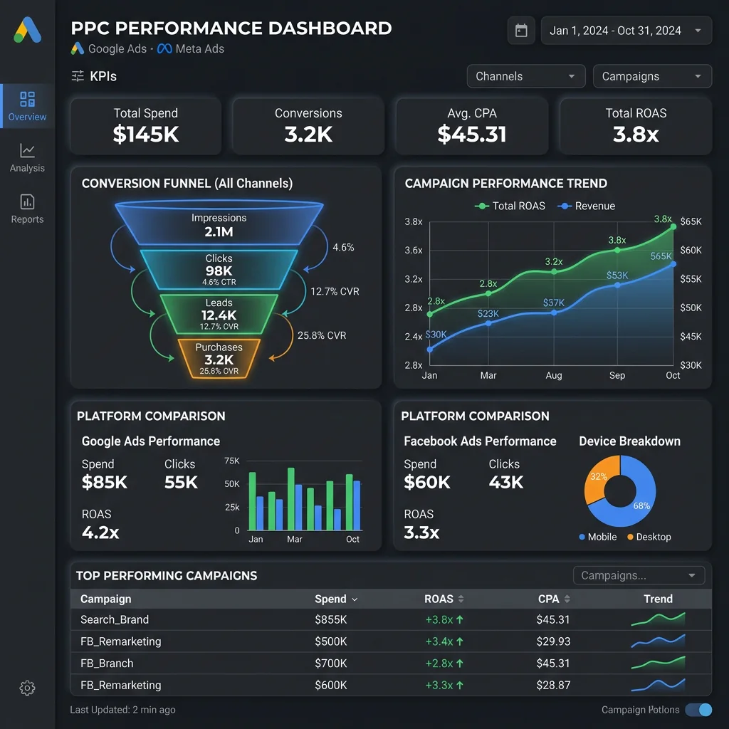 PPC dashboard tracking spend, conversions, and return on ad spend
