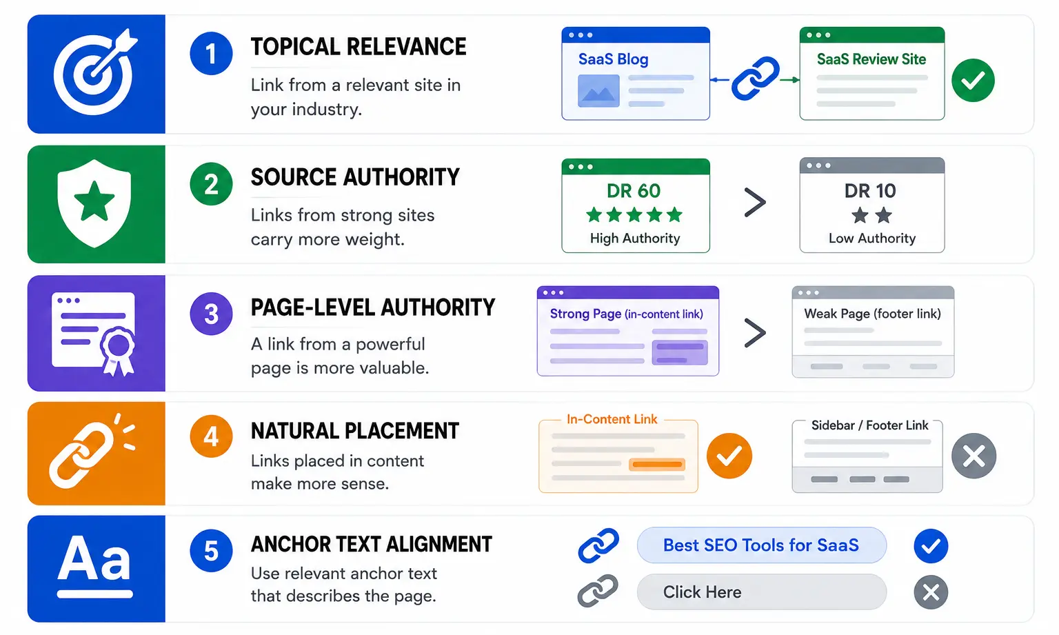 Visual showing five attributes of a high-quality backlink