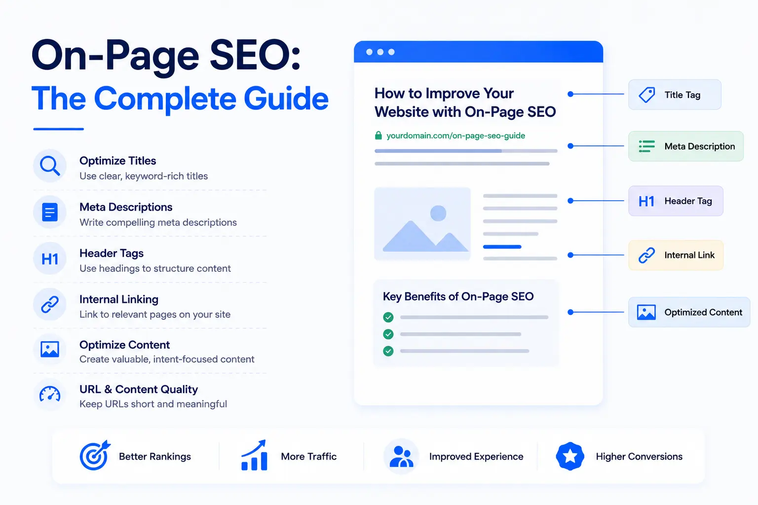 On-page SEO complete guide visual showing titles, meta descriptions, header tags, internal links, optimized content, and URL quality