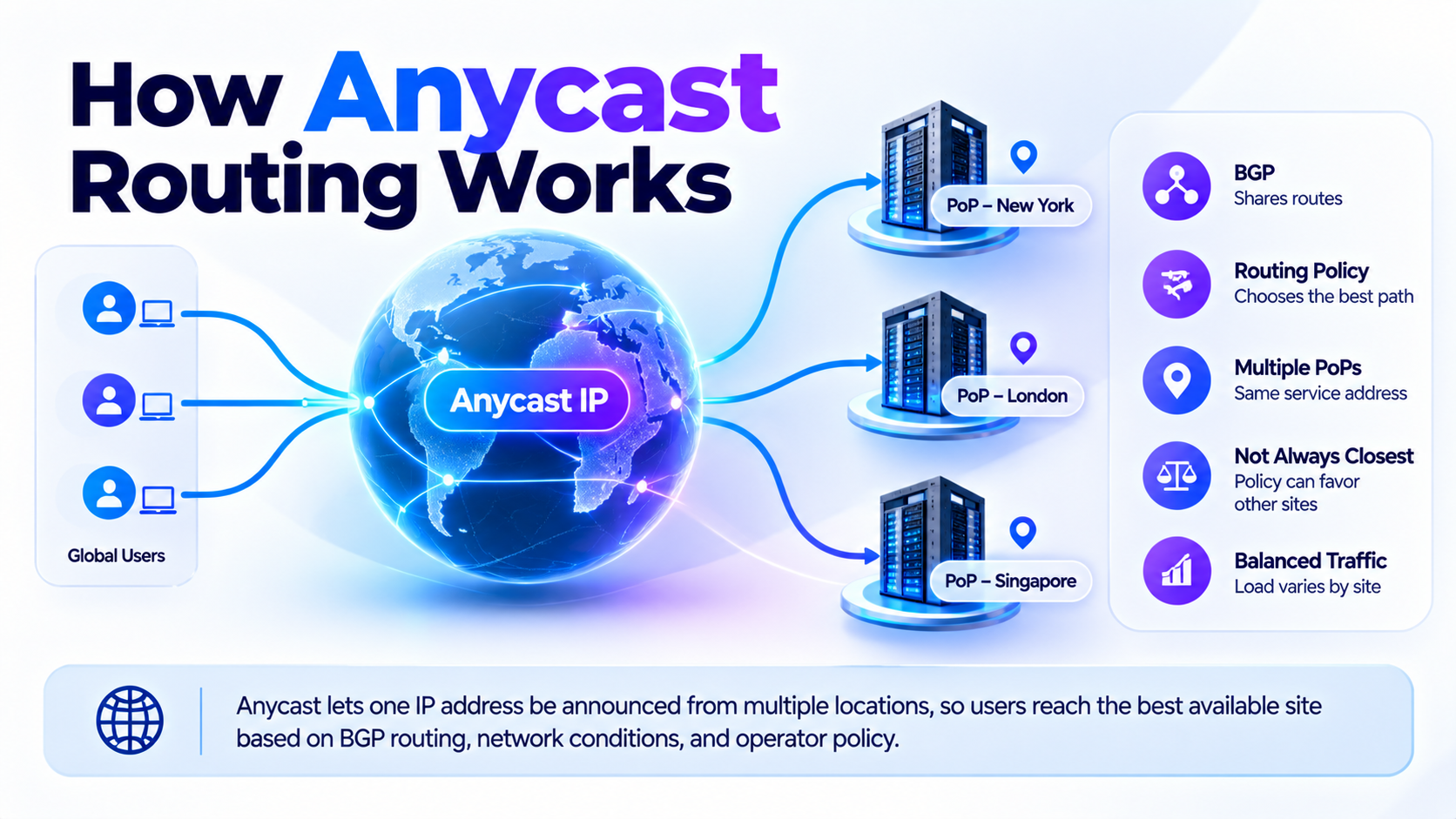 How Anycast Routing Works: BGP route announcements from multiple points of presence
