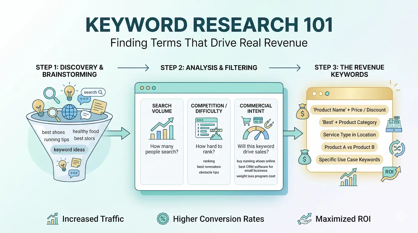Keyword research dashboard showing search ideas and long-tail opportunities for a small business website